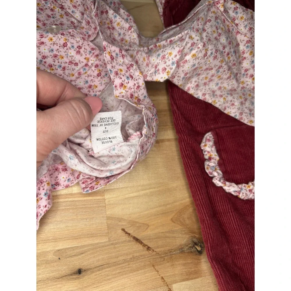 Vintage Doe Spun Girls 4‎ Corduroy Overalls Floral Blouse Set Burgundy Pink USA